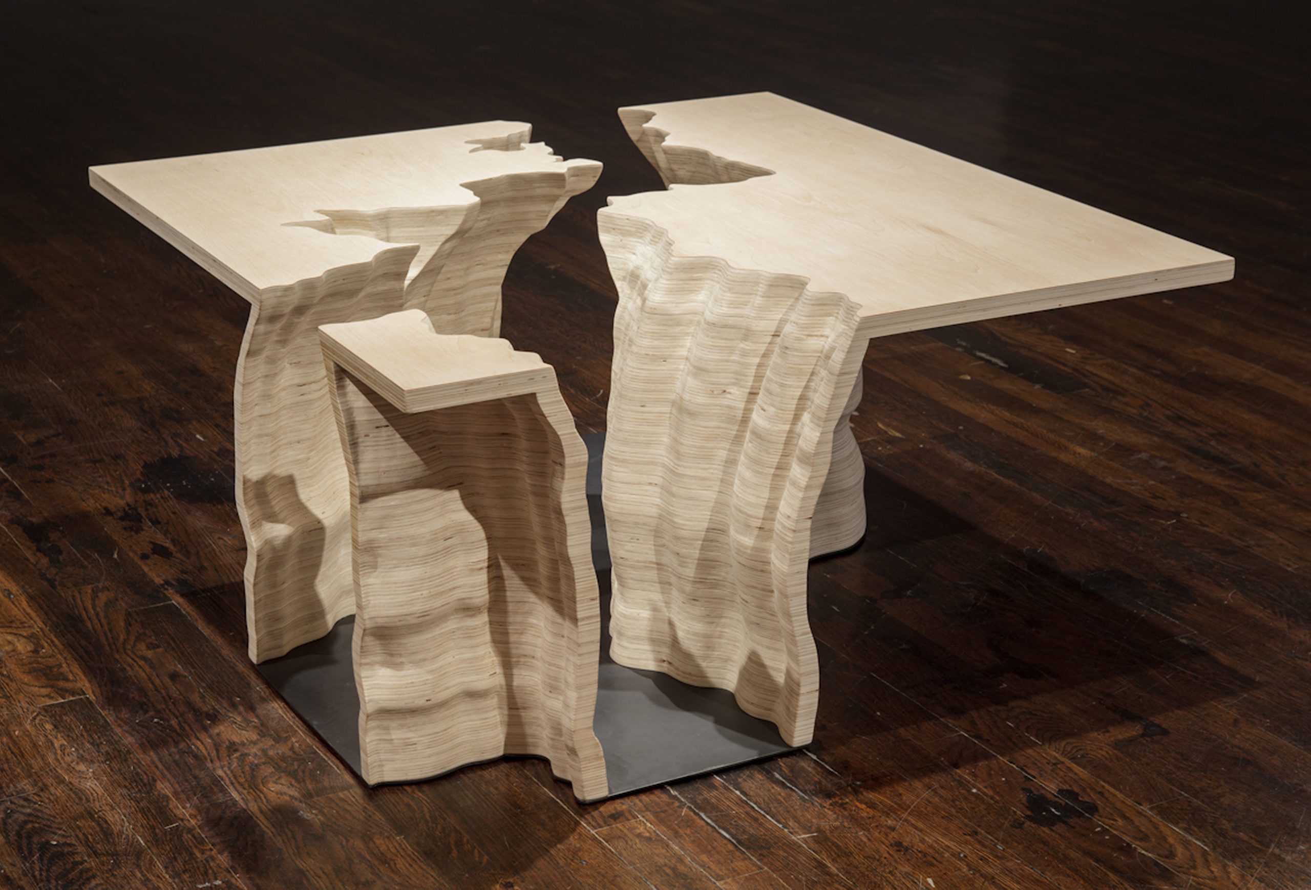 Trends in Water Use, 2013, plywood and steel, Adrien Segal. A data sculpture embedded with fifty years of water consumption statistics for the entire United States, sourced from a USGS publication. Images courtesy of the artist.