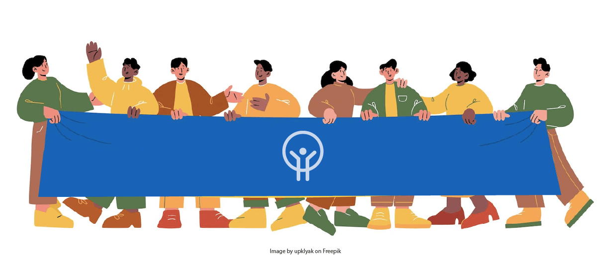 Diverse group of people holding a flag
