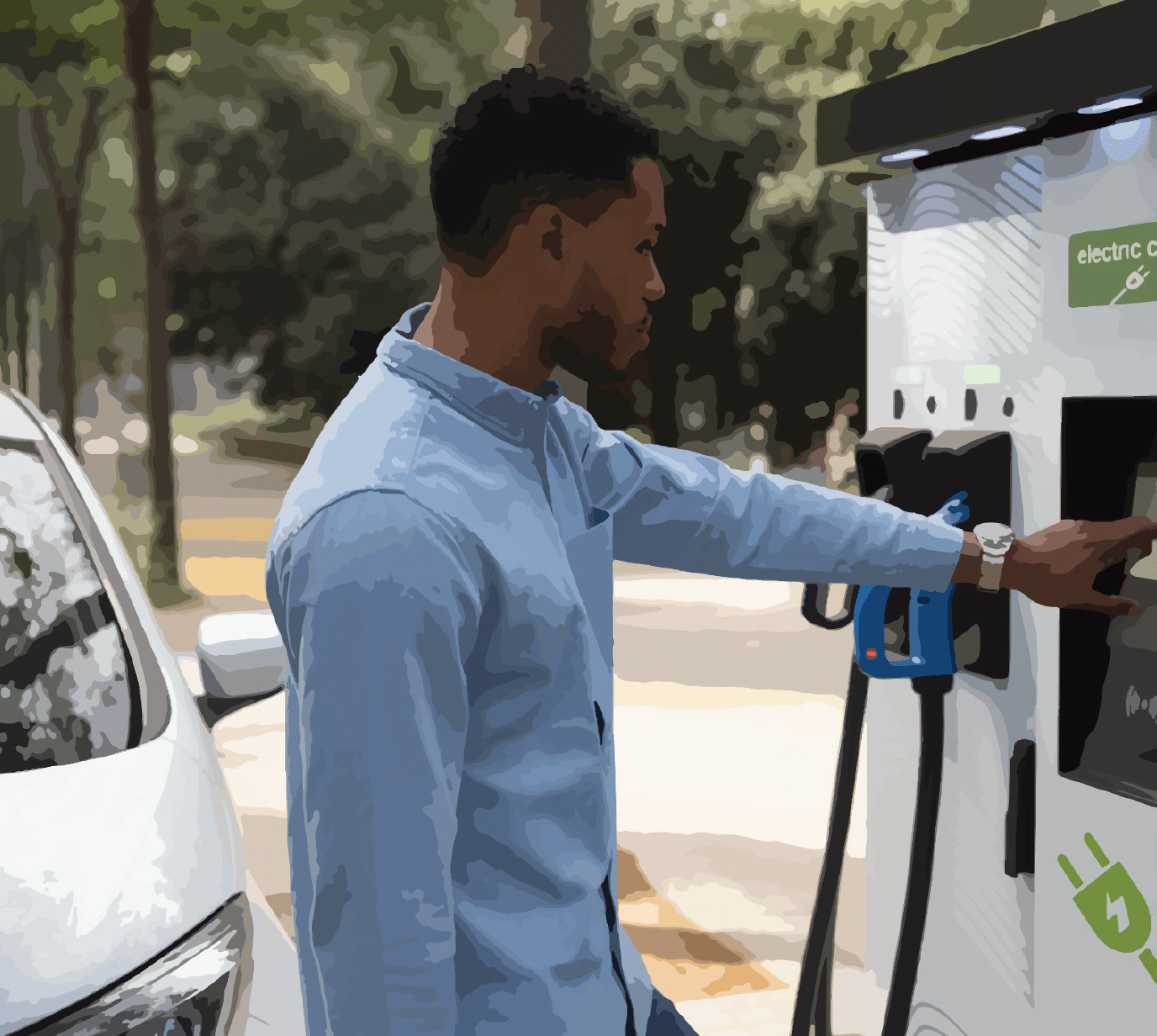 Man at charging kiosk