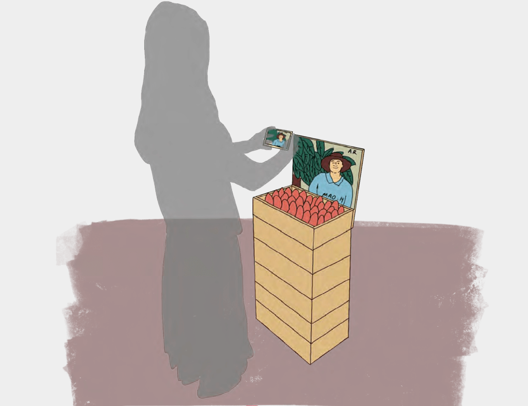 An outline of a woman shopper pointing her phone a store display